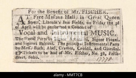 . Newscutting über Freie Mason's Hall, Freitag der 3d April 1778, kündigt ein Konzert von Vokal- und Instrumentalmusik zum Nutzen von Herrn Fischer; Free Masons Halle; Konzert von Vokal- und Instrumentalmusik; zugunsten von Herrn Fischer zugunsten von Herrn Fischer. 3. April 1778. Kostenlose Mason's Hall ([London], England) [Thema] Bodleian Bibliotheken, zugunsten von Herrn Fischer Stockfoto