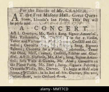 . Newscutting über Freie Mason's Hall, 28. März 1778, kündigt ein Konzert zugunsten von Herrn Cramer; Konzert; zugunsten von Herrn Cramer zugunsten von Herrn Cramer. 28. März 1778. Kostenlose Mason's Hall ([London], England) [Thema] Bodleian Bibliotheken, zugunsten von Herrn Cramer Stockfoto