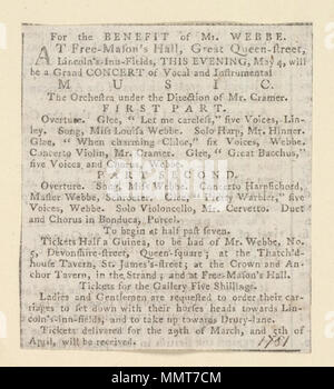 . Newscutting über Freie Mason's Hall, 4. Mai 1781, Ankündigung einer Grand Konzert von Vokal- und Instrumentalmusik zum Nutzen der Herr Webbe; großartiges Konzert von Vokal- und Instrumentalmusik; zugunsten von Herrn Webbe zugunsten von Herrn Webbe. 4. Mai 1781. Kostenlose Mason's Hall ([London], England) [Thema] Bodleian Bibliotheken, zugunsten von Herrn Webbe Stockfoto