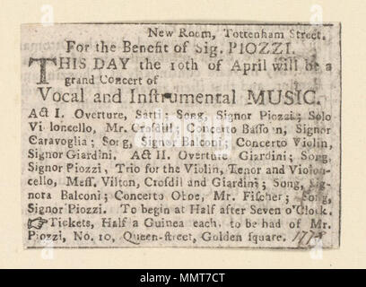 . Newscutting in bezug auf das neue Zimmer, 10. April 1778, Ankündigung Konzert in zwei Akten zum Nutzen von Sig. Piozzi; Konzert in zwei Akten; zum Nutzen der Sig. Piozzi zugunsten von Sig. Piozzi. 10. April 1778. Neue Zimmer ([London], England) [Thema] Bodleian Bibliotheken, zum Nutzen von Sig. Piozzi Stockfoto