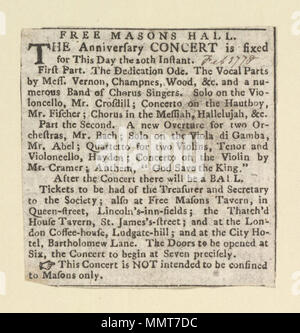 . Newscutting über Freie Mason's Hall, Februar 1778, kündigt ein Konzert mit Musick; "Dieses Konzert ist nicht dazu bestimmt, Maurer, nur "beschränkt werden; verbunden mit London spielen Plätze 4 bis (27 b, c, d, e, f, g und h); Konzert der Musick; Kugel; freie Mason's Hall Kostenlose Mason's Hall. 20. Februar 1778. Kostenlose Mason's Hall ([s. n.], England) [Thema] Bodleian Bibliotheken, Kostenfreie Mason's Hall Stockfoto