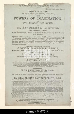 . Flugblatt von Hereford, April 1795, in der die Vorstellungskraft; oder, die Sinne täuschen; "Bildnisse in Farben bei fünf Schilling jedes'; Phantasie; oder, die Sinne täuschen; Blick auf Black-Friars Brücke, mit dem Cathedral-Church von St. Paul's, und ein Teil der Stadt London; Blick von Worcester; Sturm auf See; mit Genehmigung der Gottesverehrung der Bürgermeister. Hereford. April 6, 1795. Jetzt ausstellenden bei Miss Newtons, Modisten, Market-Place, die Kräfte der Phantasie; oder, die Sinne täuschen lassen. Durch Herrn Bradberry, der Erfinder, der von der Bond Street, London,... Der Anblick der alten re Stockfoto