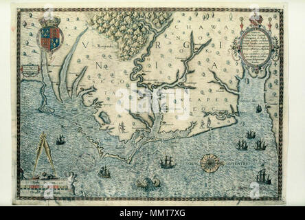 . Karte zeigt das Land um Roanoke, zwischen Chesapeake Bay und Cape Lookout. [John White, Americae Gleichheiten, Nunc Virginia dicta]. 1590. Bodleian Bibliotheken, John White, Americae Gleichheiten, Nunc Virginia dicta Stockfoto