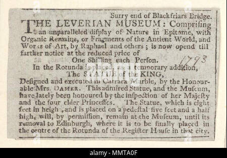 . Leverian Newscutting im Zusammenhang mit dem Museum und der Organische Reste, oder Fragmente der antient Welt ausgestellt; organische Reste, oder Fragmente der antient Welt; Kunstwerke, die von Raffael und anderen; Statue des Königs; Leverian Leverian Museum Museum. [1793]. Bodleian Bibliotheken, Leverian Museum Stockfoto