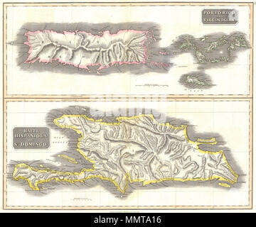 . Englisch: Diese faszinierende Handcolorierte 1814 Karte von Edinburgh Kartograph John Thomson zeigt die moderne Westinseln oder karibischen Nationen von Puerto Rico, die Jungferninseln, Haiti und die Dominikanische Republik. In zwei Abschnitte gegliedert, das ist ein unglaublich detaillierte Karte der Regionen. Zeigt Städte, Flussläufe, Missionen und topographische Details. Eine der besten Karten von diesen Inseln im 19. Jahrhundert zu erscheinen. West Indien Inseln. - Porto Rico und Virgin Inseln. - Haiti, Hispaniola oder St. Domingo.. 1815. 1815 Thomson Karte von Puerto Rico, Jungferninseln, Haiti, Dominikanische Stockfoto