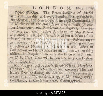 . Newscutting in Bezug auf cuper - Gärten der Bekanntgabe Unterhaltungen der Musik; Unterhaltung; Genaue Darstellung in Miniatur des prächtigen Gebäudes; Feuer Werk; London London's Cuper - Gärten ([London], England) [Thema] Bodleian Bibliotheken, London Stockfoto