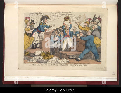 . Satire auf der Krieg der Halbinsel. (Britische politische Karikatur); eine Satire auf Napoleons Situation im Jahre 1813, nach dem Sieg der Alliierten in Deutschland, Spanien und Holland. Hinter Napoleon, der Kaiserin Marie Louise, dessen Sohn mit einem Affen Gesicht hält. Mock Auktion oder: Boney Verkauf von gestohlenen Waren. 25. Dezember 1813. Bodleian Bibliotheken, Mock Auktion oder - Boney Verkauf von gestohlenen Waren Stockfoto