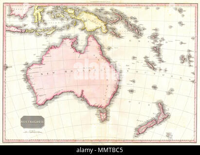 . Englisch: Diese faszinierende Handcolorierte 1818 Karte von Edinburgh Kartograph John Pinkerton zeigt Australien (als New Holland mit Van Diemen's Land nicht mehr angeschlossen), Neuseeland (zeigt nur zwei Inseln) und Teile von Mikronesien und Polynesien (nichts ist in durchaus der richtige Ort). Ohne Zweifel eine der schönsten und wichtigsten Karten der Australien im 19. Jahrhundert zu erscheinen. Die Karte stammt aus der knappen amerikanischen Ausgabe von Pinkertons moderne Atlas, von Dobson & Co. in Philadelphia im Jahre 1818 veröffentlicht. In Australasien. 1818. 1818 Pinkerton Karte von Australien^ Neuseeland - Geographicu Stockfoto