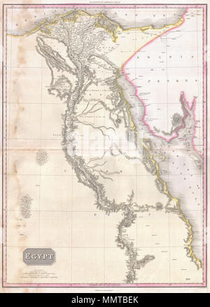 . Englisch: Pinkertons außerordentliche 1818 Karte von Ägypten. Deckt die Region auf dem Nil aus seinem Delta entlang der mediterranen Süden zentriert auf der Insel Philae und der Stadt Assuan. Anmerkungen zahlreiche Städte und Dörfer entlang des Flusses sowie verschiedenen antiken ägyptischen Ruinen wie die Pyramiden von Gizeh und den Tempeln des antiken Theben. Auch mit erheblichen das Tal von Natron mit zahlreichen bedeutenden koptischen Klöster detail. Mehrere wüstenoasen sind auch angegeben werden, einschließlich Fayoum, Parva (Kharga) und Haled. Im Roten Meer, dem Golf von Suez und dem Golf von Aqaba, mehrere u Stockfoto