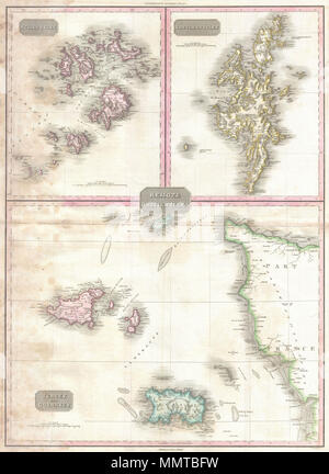 . Englisch: Pinkertons außerordentliche 1818 Karte der Britischen Inseln. Im Wesentlichen drei Karten in einem, diesem Diagramm die Scilly Isles, der Shetland Inseln und die Inseln Jersey und Guernsey zeigt. Obere linke Karte zeigt die Scilly Inseln, jede Benennung und Identifizierung von verschiedenen unterseeischen Gefahren in den Kanälen zwischen den Inseln. Obere rechte Karte Details die Shetlandinseln, die Benennung von Einzelnen, als auch im Hinterland mit Details. Die untere Hälfte der Karte ist auf die Kanalinseln Jersey, Guernsey und Alderny gewidmet. Auch ein erheblicher Teil der benachbarten Frankreich. Zeigt zahlreiche Undersea Stockfoto