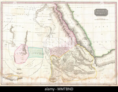 . Englisch: Pinkertons außerordentliche 1818 Karte von Nubien und Abessinien. Abdeckungen aus Darfur nach Osten an den Golf von Aden und von Assuan im Süden zu Gingiro. Umfasst die modernen Ländern Sudan, Äthiopien, und Eretria sowie Teile von Dschibuti, Kenia, Ägypten, Jemen und Saudi-Arabien. Diese Karte ist auf der südlichen erreicht der Nil zentriert. Zeigt die Aufteilung des Nils im heutigen Sudan zwischen den Weißen Nil, der fließt leicht nach Westen und der Blaue Nil fließt leicht nach Osten. Der Blaue Nil hatte, von dieser Zeit bis zu seinem Ursprung zurückverfolgt worden, Lake Tana, in die relativ gut abgebildet Stockfoto