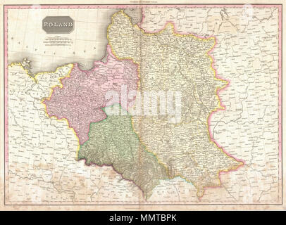 . Englisch: Pinkertons außerordentliche 1818 Karte von Polen. Zeigt der polnische Staat nach der Dritten Teilung 1795 und bevor es wurde von Napoleon als das Herzogtum Warschau rekonstituiert. Zeigt den Zustand in drei Zonen unterteilt, Ostpreußen, Galicien, und Russisch Polen oder der Region, die einmal der Kern des Großherzogtums Litauen darstellt. Identifiziert, Städte, Dörfer, Burgen, wichtige Schlacht Stätten, Schlösser, Sümpfe, Berge und den Fluss. Oberen linken Quadranten verfügt über drei Skalen, Britische Meilen, französischen Ligen, und polnische Meilen. Durch L. Herbert ausgearbeitet und von Samuel Neele u eingraviert Stockfoto