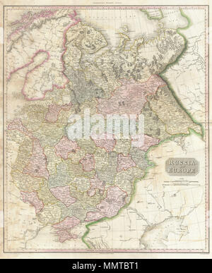 . Englisch: Pinkertons außerordentliche 1818 Karte von Russland in Europa. Deckt die europäischen Teile von Russland zwischen Preußen und der Ural. Reicht bis nördlich in der Arktis und im Süden bis zur Krim und Schwarzem Meer. Bietet sehr eingehend mit den politischen Spaltungen und Farbcodierung auf der regionalen Ebene. Identifiziert, Städte, Dörfer, Burgen, wichtige Schlacht Stätten, Schlösser, Sümpfe, Berge und den Fluss. Titel, die in den rechten unteren Quadranten. Zwei Meile Waagen, in Russischen Werst und britischen Satzung Meilen, erscheinen auch im unteren rechten Quadranten. Durch L. Herbert ausgearbeitet und von Samue eingraviert Stockfoto