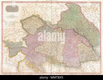 . Englisch: Pinkertons außerordentliche 1818 Karte der Österreichischen Herrschaften. Abdeckungen der österreichisch-ungarischen Monarchie auf dem Höhepunkt ihres Einflusses. Mit Böhmen, Tirol, Österreich, Kroatien, Sclavonia, Ungarn, Siebenbürgen, und Teile von Polen. Bietet sehr eingehend mit den politischen Spaltungen und Farbcodierung auf der regionalen Ebene. Identifiziert, Städte, Dörfer, Burgen, wichtige Schlacht Stätten, Schlösser, Sümpfe, Berge und den Fluss. Titel Platte in der oberen linken Quadranten. Zwei Meile Waagen, in der deutschen und britischen Satzung Meilen, erscheinen auch im oberen linken Quadranten. Durch L. Herbert gezeichnet und graviert Stockfoto
