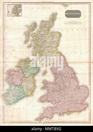 . Englisch: Pinkertons außerordentliche 1818 Karte der Britischen Inseln. Umfasst England, Schottland und Irland. Deckt die gesamte Region ausführlich mit politischen Spaltungen und Farbcodierung auf der regionalen Ebene. Identifiziert, Städte, Dörfer, Burgen, wichtige Schlacht Stätten, Schlösser, Sümpfe, Berge und den Fluss. Einfügung der Shetland Inseln im oberen linken Quadranten. Titel Platte und zwei Meile Skalen in der oberen rechten Quadranten, britischen und irischen Meilen Meilen. Durch L. Herbert ausgearbeitet und von Samuel Neele eingraviert unter der Leitung von John Pinkerton. Diese Karte kommt von der knappen Amerika Stockfoto