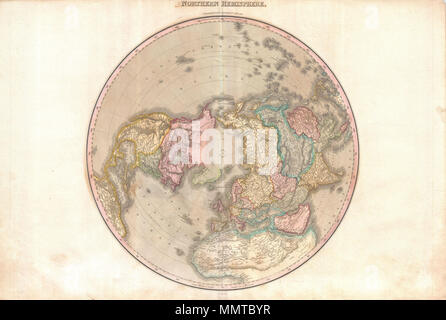 . Englisch: eine seltene und wichtige 1818 Karte der nördlichen Hemisphäre von John Pinkerton. Auf einer polaren Projektion, diese Karte zeigt Nordamerika, Asien, Indien und Nordafrika. In Nordamerika, vor allem dank der Arbeit von Cook im Pazifischen Nordwesten, die Küsten sind mit großer Genauigkeit dargestellt. Das Innere von Nordamerika, insbesondere den amerikanischen Westen, ist noch ziemlich vage, obwohl die Kartographie klar von der Erkundung des Humboldt und die Louis und Clark Expedition abgeleitet wird. Nimmt die Apokryphen Fluss Buenaventura sowie ein mutmaßlich Platzierung von Stockfoto