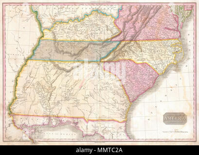 . Englisch: eine seltene und wichtige 1818 Karte von den südöstlichen Teil der Vereinigten Staaten. Zeigt von der Mississippi River im Osten bis zum Pazifik, erstreckt sich im Norden so weit wie Delaware und Süden so weit wie Florida und Mississippi Delta. Diese Karte wurde während des Übergangszeitraums der Erweiterung kurz nach dem Amerikanischen Unabhängigkeitskrieg erstellt. Zeigt, Virginia, Kentucky, Tennessee, North Carolina, South Carolina und Georgia. Schon vor der Gründung von Ohio, Illinois, Indiana und Alabama. Florida war noch nicht Teil der Vereinigten Staaten würde aber melden Sie ein Jahr nach dieser Karte wurde 1819 gedruckt Stockfoto