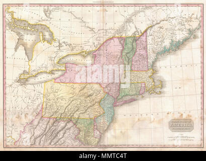 . Englisch: John's Pinkerton sehr dekorativ und wichtige Karte der nördlichen Teile der Vereinigten Staaten, veröffentlicht 1818. Abdeckungen von Lake Huron nach Osten so weit wie New Brunswick und südwärts bis in die Chesapeake Bay. Umfasst die Bundesstaaten New York, New Jersey, Pennsylvania, Connecticut, Rhode Island, Vermont, New Hampshire, Maryland, Pennsylvania und Virginia. Auch die Bezirke von Maine, Teile des westlichen Gebiet, einschließlich Michigan und Ohio, und die angrenzenden Teile von Kanada. Pinkertons Karte ist voll von interessanten Details aus der American Indian landet im westlichen Teil Stockfoto