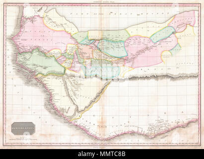 . Englisch: Diese faszinierende Handcolorierte 1818 Karte von Edinburgh Kartograph John Pinkerton schildert Westlichen Afrika. Zeigt Afrika etwa aus der Salve Coast und Gold Coast West durch die Elfenbeinküste, Guinea, Gambia und Richtung Norden, vorbei Kap Verde so weit wie Senegal. Darunter zahlreiche faszinierende Tribal Referenzen wie das Reich der Brak, die Residenz des Königs von Geba oder Cabo, der Foulahs von Guinea, und die Maniana Kannibalen, unter anderem. Bietet interessante Inland detail entlang dem Fluss Niger so weit östlich wie Timbuktu (Tombuctoo). Der Kontinent ist durch die dramatische und mythischen halbiert Stockfoto