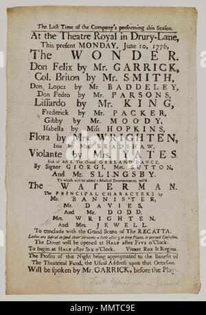 . Playbill (Faksimile) des Drury Lane Theaters, Montag, 10. Juni 1776, in der die Wunder, &c. Für die theatralische Fonds; Faksimile. Gedruckt" die Gewinne der in dieser Nacht zum Vorteil des Theatralischen Fonds, die übliche Adresse bei dieser Gelegenheit genommen wird, wird durch Herrn Garrick gesprochen werden, vor den Spielen."; MS Annotation" letzter Auftritt von Garrick'; Wunder; Waterman; Regatta; [Playbill (Faksimile) des Drury Lane Theaters, Montag, 10. Juni 1776, bei der Bekanntgabe der Wunder & C.] [Playbill (Faksimile) des Drury Lane Theaters, Montag, 10. Juni 1776, in der die Wunder, &c.]. 10. Juni 1776. D Stockfoto