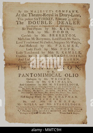 . Playbill (Faksimile) der Drury Lane Theater, Samstag, 5. Februar 1785, bei der Bekanntgabe der Doppel Händler & C.; Faksimile. Siehe George Speaight, Sammlung theater Erinnerungsstücke, (1988), S. 17; doppelte Händler; Topf; oder, Pantomimical olio; [Playbill (Faksimile) der Drury Lane Theater, Samstag, 5. Februar 1785, bei der Bekanntgabe der Doppel Händler & C.] [Playbill (Faksimile) der Drury Lane Theater, Samstag, 5. Februar 1785, bei der Bekanntgabe der Doppel Händler &c.]. Vom 5. Februar 1785. Drury Lane Theater [Thema] Bodleian Bibliotheken, Playbill (Faksimile) der Drury Lane Theater, Samstag, 5. Februar 1785, bei der Bekanntgabe der Stockfoto