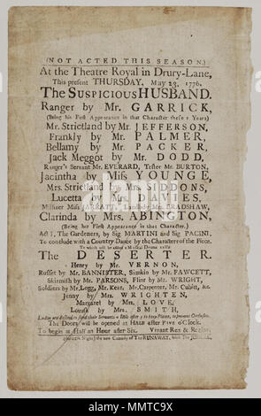 . Playbill (Faksimile) der Drury Lane Theater, Donnerstag, 23. Mai 1776, bei der Bekanntgabe der verdächtigen Mann & C.; Faksimile. Siehe George Speaight, Sammlung theater Erinnerungsstücke, (1988), S. 17; Verdächtige Mann; Deserteur; Runaway; Jubiläum; [Playbill (Faksimile) der Drury Lane Theater, Donnerstag, 23. Mai 1776, bei der Bekanntgabe der verdächtigen Mann & C.] [Playbill (Faksimile) der Drury Lane Theater, Donnerstag, 23. Mai 1776, bei der Bekanntgabe der verdächtigen Mann & C.]. 23. Mai 1776. Drury Lane Theater [Thema] Bodleian Bibliotheken, Playbill (Faksimile) der Drury Lane Theater, Donnerstag, 23. Mai 1776, bei der Bekanntgabe der SUS Stockfoto