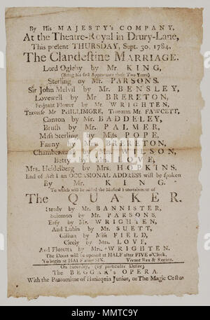 . Playbill (Faksimile) der Drury Lane Theater, Donnerstag, 30.09.1784, kündigt die heimliche Ehe & C.; Faksimile. Siehe George Speaight, Sammlung theater Erinnerungsstücke, (1988), S. 17; die heimliche Ehe; Quaker; Beggar's Opera; Harlekin junior, oder die Magie löwenköpfen; [Playbill (Faksimile) der Drury Lane Theater, Donnerstag, 30.09.1784, kündigt die heimliche Ehe & C.] [Playbill (Faksimile) der Drury Lane Theater, Donnerstag, 30.09.1784, kündigt die heimliche Ehe & C.]. 30. September 1784. Drury Lane Theater [Thema] Bodleian Bibliotheken, Playbill (Faksimile) von Drury Stockfoto