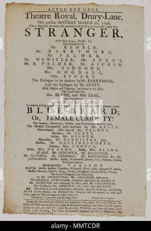 . Playbill des Drury Lane Theaters, Montag, März 26, 1798, Bekanntgabe der Fremde & C.; an der unteren Kante beschädigt; Fremd; Blau-Bart; oder weibliche Neugier!; [Playbill des Drury Lane Theaters, Montag, März 26, 1798, Bekanntgabe der Fremde &c.] [Playbill des Drury Lane Theaters, Montag, März 26, 1798, Bekanntgabe der Fremde &c.]. 26. März 1798. Drury Lane Theater [Thema] Bodleian Bibliotheken, Playbill des Drury Lane Theaters, Montag, März 26, 1798, Bekanntgabe der Fremde &Amp; c. Stockfoto