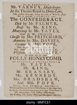 . Playbill des Drury Lane Theaters, Samstag, den 16. Mai [1760], in der die Konföderierten &c. zugunsten von Herrn Varney, 1760. Hat Ticks in Bleistift gegen Frau Pritchard, Frau Clive und Mrs Bradshaw; Konföderation; Polly Honigseim; Doppel galant; Liebe a-la-mode; eifersüchtige Ehefrau; Harlequin's Invasion; [Playbill des Drury Lane Theaters, Samstag, den 16. Mai [1760], in der die Konföderierten &c.] [Playbill des Drury Lane Theaters, Samstag, den 16. Mai [1760], in der die Konföderierten &c.]. 16. Mai 1760. Drury Lane Theater [Thema] Bodleian Bibliotheken, theaterprogramm von D Stockfoto