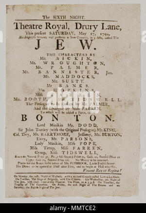 . Playbill des Drury Lane Theaters, Samstag, 17. Mai 1794, bei der Bekanntgabe der Jude & C.; Jude; Bon Ton; Macbeth; Liebe a-la-mode; Belagerung von Belgrad; Bürger; Preis; Gamester; Piraten; [Playbill des Drury Lane Theaters, Samstag, 17. Mai 1794, bei der Bekanntgabe der Jude & C.] [Playbill des Drury Lane Theaters, Samstag, 17. Mai 1794, bei der Bekanntgabe der Jude & C.]. 17. Mai 1794. Drury Lane Theater [Thema] Bodleian Bibliotheken, theaterprogramm der Drury Lane Theater, Samstag, 17. Mai 1794, bei der Bekanntgabe der Jude&amp; c. Stockfoto