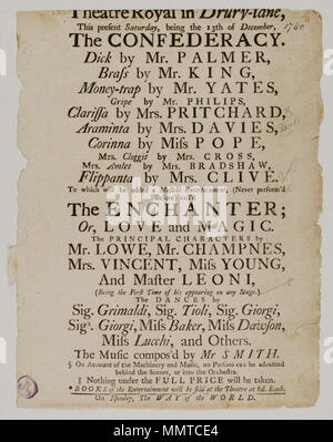 . Playbill des Drury Lane Theaters, Samstag, den 13. Dezember [1760], in der die Konföderierten & C.; Bleistift Anmerkung: "selten" neben Frau Davies Name. Zecken in Bleistift durch einige Namen. Anmerkung in der Tinte: "1760". Am oberen 7/8; Konföderation; Zauberer; oder Liebe und Magie; Art und Weise der Welt; [Playbill des Drury Lane Theaters, Samstag, den 13. Dezember [1760], in der die Konföderierten &c.] [Playbill des Drury Lane Theaters, Samstag, den 13. Dezember [1760], in der die Konföderierten &c.]. 13. Dezember 1760. Drury Lane Theater [Thema] Bodleian Bibliotheken, theaterprogramm von Dru Stockfoto