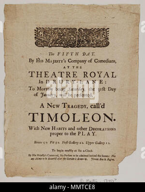 . Playbill des Drury Lane Theaters, Samstag, den 31. Tag im Januar [1730?], kündigt Timoleon & C.; Timoleon; [Playbill des Drury Lane Theaters, Samstag, den 31. Tag im Januar [1730?], kündigt Timoleon &c.] [Playbill des Drury Lane Theaters, Samstag, den 31. Tag im Januar [1730?], kündigt Timoleon &c.]. [1730?] -01-31. Drury Lane Theater [Thema] Bodleian Bibliotheken, theaterprogramm der Drury Lane Theater, Samstag, den 31. Tag im Januar 1730, Bekanntgabe Timoleon&amp; c. Stockfoto