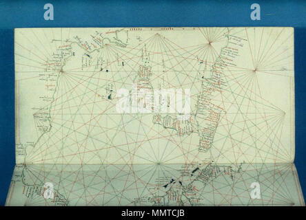 . Venezianische beleuchtete portolan Codex. Eines der sieben Öffnungen dieses Horoskop, das würde, wenn verbunden, Maß 860 x 460 mm [Portolan Codex. Zentralen Mittelmeer; das Ionische Meer; Golf von Tarent; der Sizilianischen Kanal; die Malta Kanal; Golf von Sirte]. 1400. Bodleian Bibliotheken Portolan codex Zentralen Mittelmeer das Ionische Meer Golf von Tarent die Sizilianischen Kanal die Malta Kanal Golf von Sirte Stockfoto