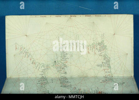 . Venezianische beleuchtete portolan Codex. Eines der sieben Öffnungen dieses Horoskop, das würde, wenn verbunden, Maß 860 x 460 mm [Portolan Codex. Westliches Mittelmeer; die Marokkanische Küste; die Meerenge von Gibraltar; der Atlantikküste von Magador an der Mündung der Gironde]. 1400. Bodleian Bibliotheken Portolan Codex westlichen Mittelmeer der Marokkanischen der Meerenge von Gibraltar der Atlantikküste von Magador auf Th Littoral Stockfoto