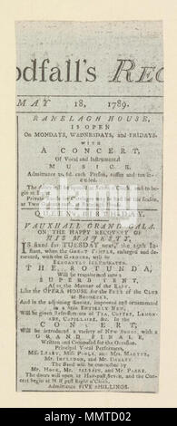 . Newscutting über Ranelagh Haus, Cuper - Gärten und Vauxhall Unterhaltungen; 7/8: einige Text fehlt; vokalen und instrumentalen Musick; Vauxhall Grand Gala; Queen's Geburtstag; Ranelagh Haus ist geöffnet Montags, Mittwochs und Freitags mit einem Konzert von vokalen und instrumentalen Musick [sic] Ranelagh Haus ist Montags, Mittwochs und Freitags mit einem Konzert von vokalen und instrumentalen Musick [sic] öffnen. Mai 1789. Cuper - Gärten [Thema] Großen Tempel ([London], England) [Thema] Bodleian Bibliotheken, Ranelagh Haus ist geöffnet Montags, Mittwochs und Freitags mit einem Konzert von Vocal und instrume Stockfoto