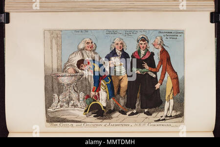 . Karikatur von Napoleon I. (Britische politische Karikatur) das Kind und Meister der Jakobinismus, neue die Kleinkindtaufe. 26. Oktober 1801. Bodleian Bibliotheken, das Kind und Meister der Jakobinismus, neue getauft. Stockfoto