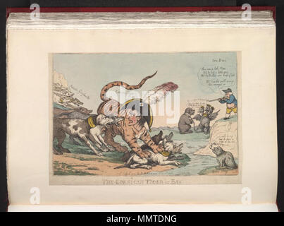 . Satire auf der Krieg der Halbinsel. (Britische politische Karikatur); Napoleon, mit dem Körper eines Tigers, wird von Windhunden, die die patriotischen Aufstandes in Madrid angegriffen, Mai 1808. John Bull, auf den Klippen von Dover, richtet sich auf die Napoleon mit seiner Waffe. Russland und Österreich in Ketten, die das Bündnis mit Frankreich, betrachten sich brechen, während Holland denkt, "Es wird mein Sein ein Schlag an ihm zu haben weiter'.; Nicht in BMC. Ein Problem von Curzon b. 4 (179) mit Bildunterschriften in Spanisch im Hochdruck in der Dumpingspannen festgesetzt. Die Korsische Tiger an der Bucht!!. Vom 8. Juli 1808. Bodleian Bibliotheken, der KORSISCHEN Stockfoto