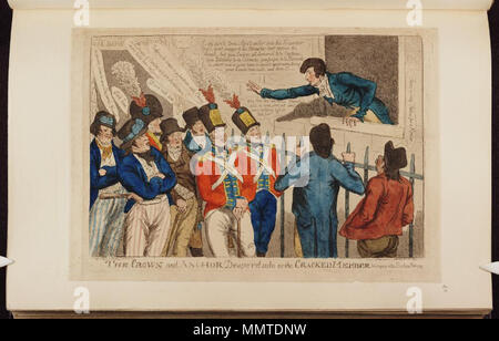 . Auf radikalen Reformer Satire. (Britische politische Karikatur); eine Satire auf Francis Burdett Wahl als MP für Middlesex und seine Rede an die Krone und Anker Taverne danach kritisch über die Regierung. Burdett lehnt sich aus dem Fenster der Krone und Anker Taverne, mit einem Publikum von mehreren Matrosen und Freiwilligen, mit einer Stadt Gentleman und zwei Arbeiten-Klasse Zeichen. Er fordert Sie auf, nicht zur Armee oder Marine Disziplin zu unterwerfen. Der Titel und die Reden der Name Despard, der wegen Landesverrats im Jahre 1803 hingerichtet wurde.; Zuordnung zu Cruikshank von Krumbhaar; Zuordnung zu Williams her Stockfoto
