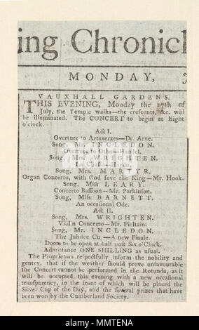 . Newscutting im Zusammenhang mit einem Konzert in der Vauxhall Gardens am Montag, den 17. Juli; Konzert; ... ng Chronik... Freitag Ju...; Vauxhall Gardens Vauxhall Gardens. 30. Juni 1786. Vauxhall Gardens (London, England) [Thema] Bodleian Bibliotheken, Vauxhall Gardens 27. Stockfoto