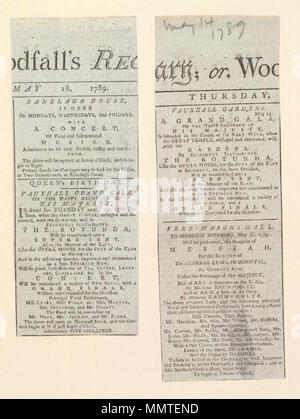 . Newscutting über Vauxhall Gardens, Donnerstag, 14. Mai 1789, Ankündigung einer Grand Gala; 14. Mai 1789 (Manuskript); Grand Gala; Messias; Feuer Werk; Vauxhall Gardens Mai 13 Vauxhall Gardens 13. Mai. 14. Mai 1789. Vauxhall Gardens (London, England) [Thema] Free-Masons Halle [Thema] Bodleian Bibliotheken, Vauxhall Gardens 13. Mai Stockfoto