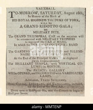 . Newscutting über Vauxhall Gardens am Samstag, den 16. August, die Ankündigung eines Grand Ridotta Gala, oder militärische Fete; Grand Ridotta Gala, oder militärische Fete; Vauxhall. Morgen, Samstag, 16. August zu Ehren der Geburt seiner Königlichen Hoheit des Herzogs von York, wird ein Grand Ridotto Gala werden; oder militärische fete Vauxhall. Morgen, Samstag, 16. August zu Ehren der Geburt seiner Königlichen Hoheit des Herzogs von York, wird ein Grand Ridotto Gala werden; oder militärische Fete. [S] -08.16. Vauxhall Gardens (London, England) [Thema] Bodleian Bibliotheken, Vauxhall. Morgen, Samstag, 16. August, zu Ehren des t Stockfoto