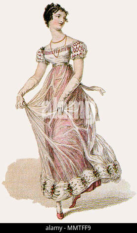 . Ein Beispiel für Übergangsstil zwischen der klassisch-beeinflussten "Regency" Moden der 1810 und mehr incipiently im Viktorianischen Stil in der zweiten Hälfte der 1820er - eine 1823 Gravur von einem Ball Kleid (mit einem Durchscheinenden overskirt, dass für bestimmte Dance Moves, wie z.b. den "pas d'été" angehoben werden kann, siehe Bild: Quadrille-Ete-lebas-ca1820.jpg). . Januar 1823. Unbekannt 1823 Künstler 1823 - Ball-Gown - Diaphanous-Overskirt Stockfoto