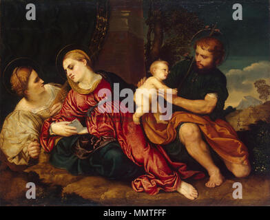 Heilige Familie mit der hl. Katherina. zwischen 1520 und 1522. Paris Bordone-Sacra Famiglia con Santa Caterina (Einsiedelei) Stockfoto