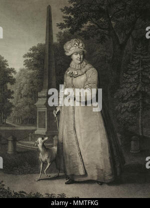 . II Екатерины Портрет с. оригинала В Л. Боровиковского. Резец Офорт, Katharina II. ein Spaziergang im Park von Zarskoje Selo [mit dem chesme Spalte im Hintergrund]. 1827. Katharina II. Wandern, Kupferstich von N. Utkin nach Borovikovskiy (1827) Stockfoto