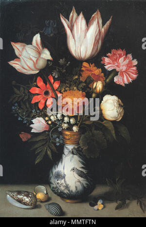 . Blume Stillleben Tulpen, Rosen, Rosa und weiße Nelke, Forgets-Me-Nots, Lilly auf das Tal und anderen Blumen in einer Vase. ca. 1619. Ambrosius Bosschaert, der Älteste 06. Stockfoto