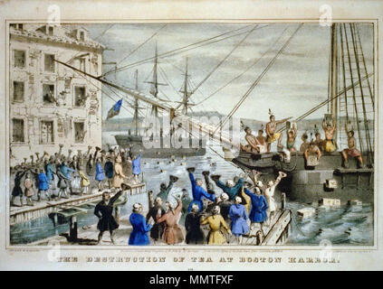 . Von der Vernichtung von Tee im Boston Harbour", Lithographie, 1773 Boston Tea Party. 1846. Nathaniel Currier Boston Tea Party Currier farbige Stockfoto