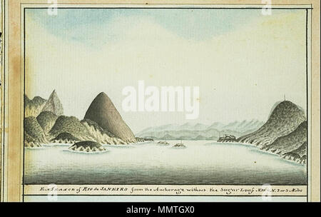 . Der Zuckerhut ist in der Mitte sichtbar - links Eingang von Rio de Janeiro aus der Verankerung ohne den Zuckerhut; die Tabelle Land vom Ankerplatz in der Bucht Kap der Guten Hoffnung. 18. George Raper (1769-1796) Brasilien 18 thc GuanabaraBay Stockfoto