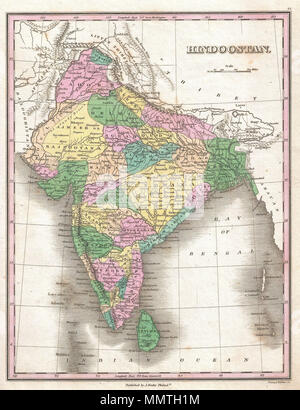 . Englisch: ein wunderschönes Beispiel von Finley's wichtige Karte 1827 von Indien oder Hindoostan. Abdeckungen der Subkontinent von Luddock Süden nach Ceylon (Sri Lanka). Erkennt zahlreiche Städte, Flüsse, Wüsten und Gebirge. Enthält Teile von benachbarten Afghanistan, Pakistan, Tibet, Nepal und Bhutan. Angebote Farbcodierung auf der regionalen Ebene. Titel und der Maßstab im oberen rechten Quadranten. Von Jungen und Delleker für die Ausgabe 1827 von Anthony Finley's General Atlas eingraviert. Hindoostan.. 1827 (undatiert). 1827 Finley Karte von Indien - Geographicus - Hindoostan - Fein-1827 Stockfoto