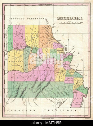 . Englisch: ein wunderschönes Beispiel von Finley's wichtige Karte 1827 von Missouri kurz nach der Staatlichkeit. Dies ist einer der frühesten erhältlich Karten des Staates Missouri. Zeigt einen sehr frühen Grafschaft Konfiguration mit den meisten der Bevölkerung der Flüsse Mississippi und Missouri. Der westliche Teil des Staates von großen Grafschaften definiert und ist weitgehend unbewohnt. Von Jungen und Delleker für die Ausgabe 1827 von Anthony Finley's General Atlas eingraviert. Missouri. 1827 (undatiert). 1827 Finley Karte von Missouri - Geographicus - Missouri - Finley-1827 Stockfoto