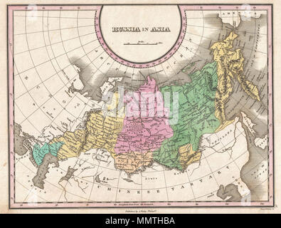 . Englisch: ein wunderschönes Beispiel von Finley's wichtige Karte 1827 von Rußland in Asien. Zeigt vom Schwarzen Meer und Arabien nach Osten zum Behring Straße, nördlich in die Arktis, und im Süden an die chinesischen Tartary. Zeigen Rives, Wälder, Städte, und die Berge. Das Land der Liakhov, mehr als die legendären Elfenbein Inseln bekannt, erscheint in der russischen Arktis. Ivan Liakhov entdeckt diese Inseln im späten 18. Jahrhundert und war erstaunt zu erfahren, dass Sie so viel fossile Mammut Elfenbein, die die gesamte Inselgruppe schien von dem Zeug zu bestehen. Von Jungen und Delle eingraviert Stockfoto